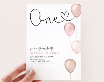 Minimal 1st Birthday Invite Girl Editable Blush Balloons Girl First Birthday Invitation Template