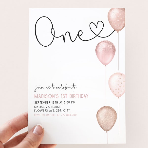 Minimal 1st Birthday Invite Girl Editable Blush Balloons Girl First Birthday Invitation Template