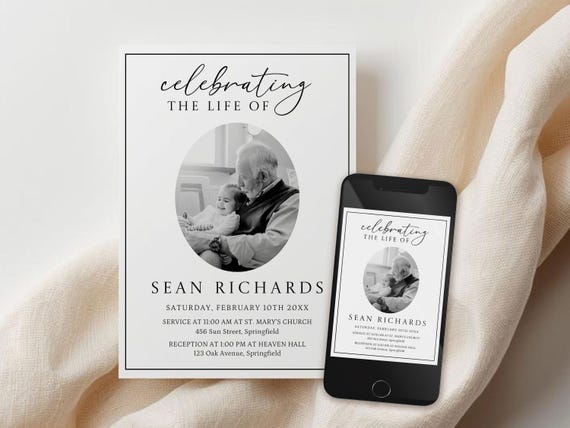 Elegant Funeral Celebration of Life Invitation, Digital Funeral Announcement, Canva Editable