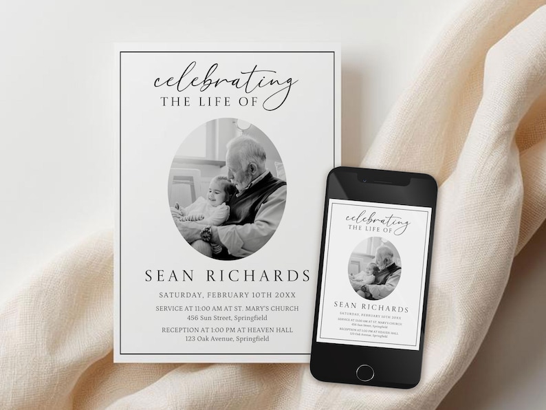 Elegant Funeral Celebration of Life Invitation, Digital Funeral Announcement, Canva Editable