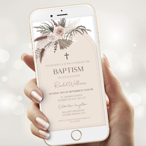 Boho Baptism Electronic Invitation, Tan Floral Christening Evite, Editable Text Message Invitation