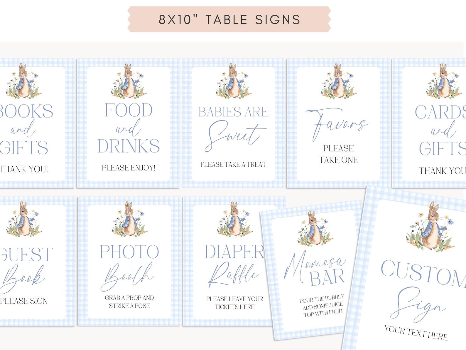 Peter Rabbit Baby Shower Signage, Blue Gingham Table Signs, Canva ...