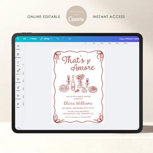May include: Editable digital invitation for a bridal shower with a red border and the text "That's Amore" in a red heart. The invitation includes details for the event, including the date, time, location, and the name of the bride-to-be, Olivia Williams.