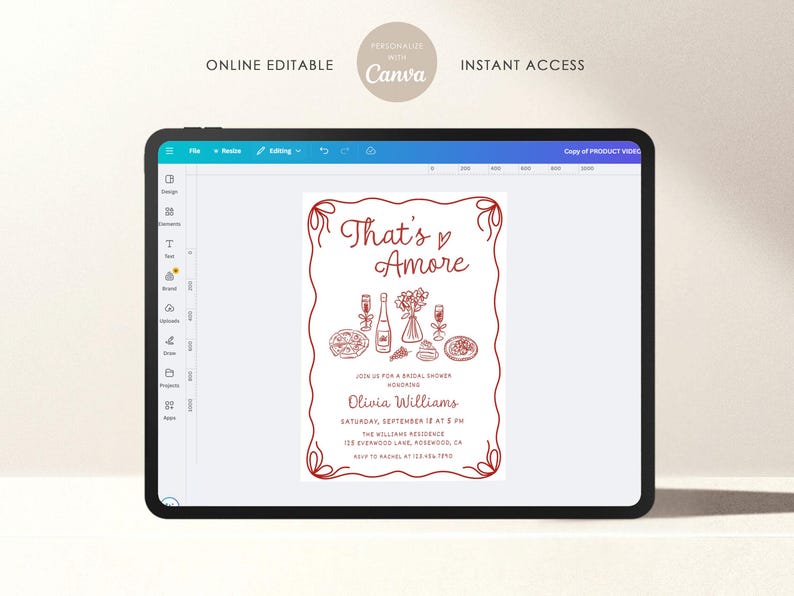 May include: Editable digital invitation for a bridal shower with a red border and the text "That's Amore" in a red heart. The invitation includes details for the event, including the date, time, location, and the name of the bride-to-be, Olivia Williams.