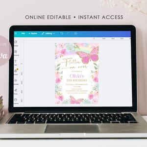 Rainbow Butterfly Birthday Invitation, Editable Whimsical Floral Invite, Canva Template image 3