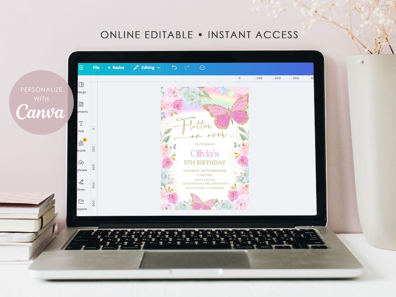 Rainbow Butterfly Birthday Invitation, Editable Whimsical Floral Invite, Canva Template image 3