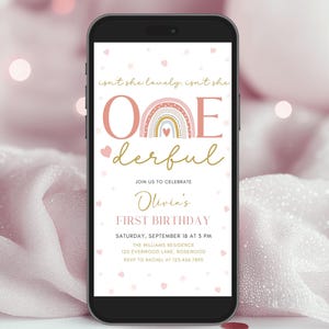 Girl Onederful Birthday Invitation Electronic, Rainbow First Birthday Party Evite Template, Digital Text Birthday Invite
