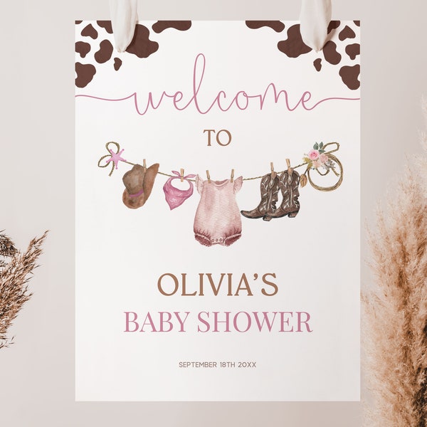 Baby Shower Welcome Sign Cowgirl Theme Editable Pink Western Baby Shower Girl Decorations | WSG