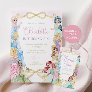 May include: A pink and gold birthday invitation with princess illustrations. The invitation reads "Charlotte is Turning Six!" and includes event details. A matching "Thank You" tag is included, featuring princess art.