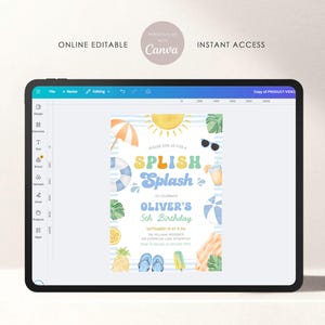 Puede incluir: Una tableta digital muestra una invitaci&oacute;n a una fiesta de cumplea&ntilde;os con tem&aacute;tica de verano. La invitaci&oacute;n presenta las palabras "SPLISH Splash" en texto colorido, junto con ilustraciones de un sol, gafas de sol y art&iacute;culos de playa. Tambi&eacute;n se ve el texto "ONLINE EDITABLE" y "INSTANT ACCESS".