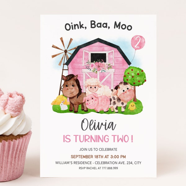 Oink Baa Moo Girl Birthday Invitation Editable, Any Age, Pink Farm Party, Barn Birthday Invite, 5x7" Corjl Template