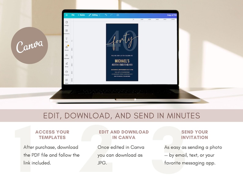 40th Birthday Digital Phone Invitation for Men Editable, Navy and Gold Canva Template image 4