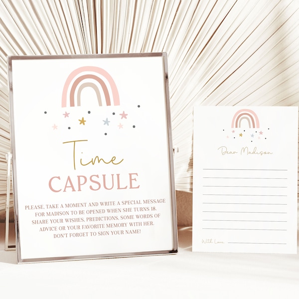 Rainbow First Birthday Time Capsule Sign and Card Editable, Onederful Theme Girl 1st Birthday Memory Box Template Set