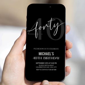 Modelo de convite eletrônico para 40º aniversário para homens, convite preto e prata para 40º aniversário, convite por mensagem de texto