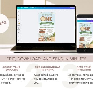 May include: A laptop and smartphone display a Canva template for a birthday invitation. The design features a camping theme with a bear, fox, and tent illustration. Text includes "Andrew is ONE" and "Happy Camper". The image also shows instructions.