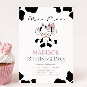 Moo Moo Im Two Birthday Invitation Editable, Cow 2nd Birthday Invite, Girl Barnyard Birthday Party Digital Download