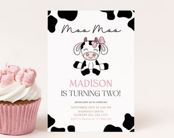 Moo Moo Im Two Birthday Invitation Editable, Cow 2nd Birthday Invite, Girl Barnyard Birthday Party Digital Download