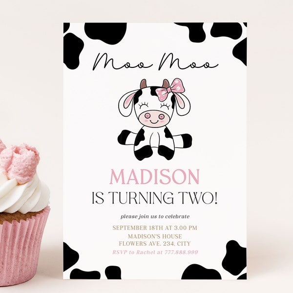 Moo Moo Im Two Birthday Invitation Editable, Cow 2nd Birthday Invite, Girl Barnyard Birthday Party Digital Download