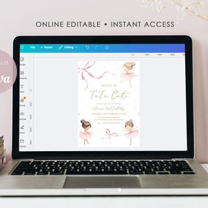 Puede incluir: Una computadora port&aacute;til muestra una invitaci&oacute;n rosa y dorada con el texto "Olivia is Tutu Cute" e ilustraciones de bailarinas. La pantalla tambi&eacute;n muestra "Online Editable" y "Instant Access". El logotipo de Canva es visible.