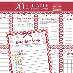 May include: A collection of 20 editable baby shower games with a red and white checkered design. Games include Nursery Rhymes, Baby Predictions, and Baby Bingo. The text "Edit in Canva" is visible in the top right corner.