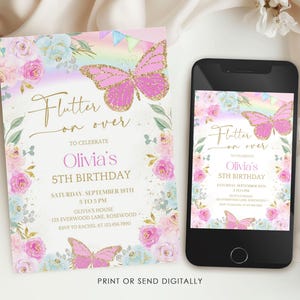 Rainbow Butterfly Birthday Invitation, Editable Whimsical Floral Invite, Canva Template image 2