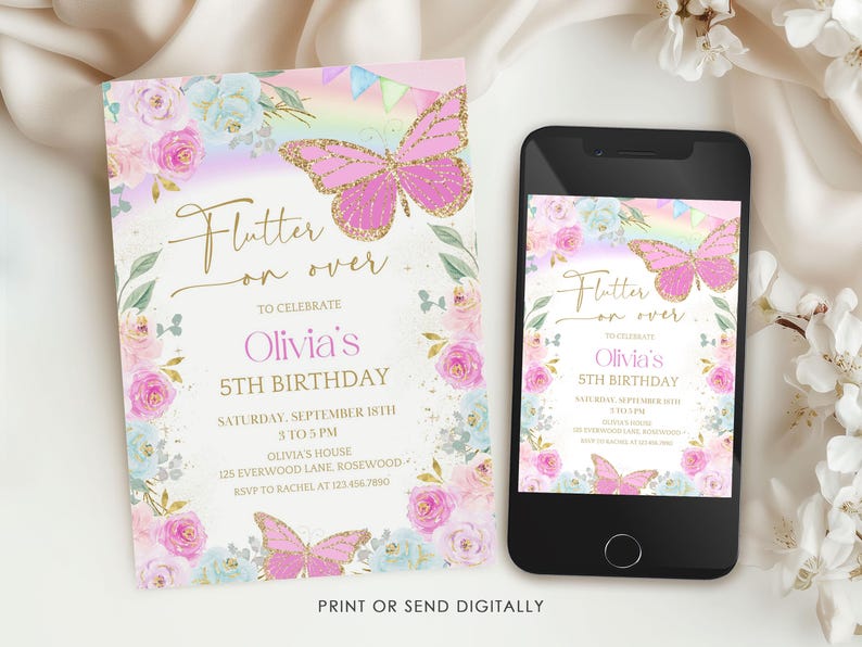 Rainbow Butterfly Birthday Invitation, Editable Whimsical Floral Invite, Canva Template image 2