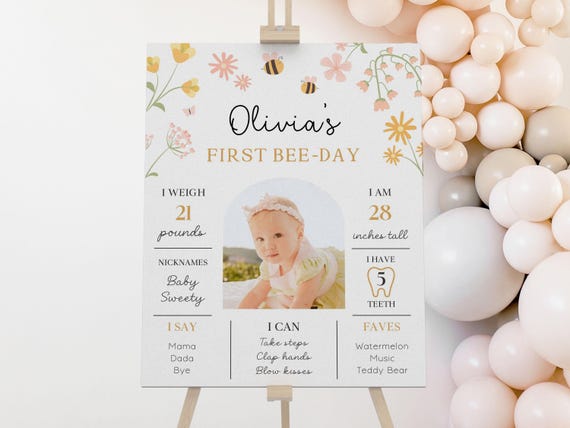 Bee First Birthday Milestone Poster, Girl Photo Stats Sign (Canva Template)