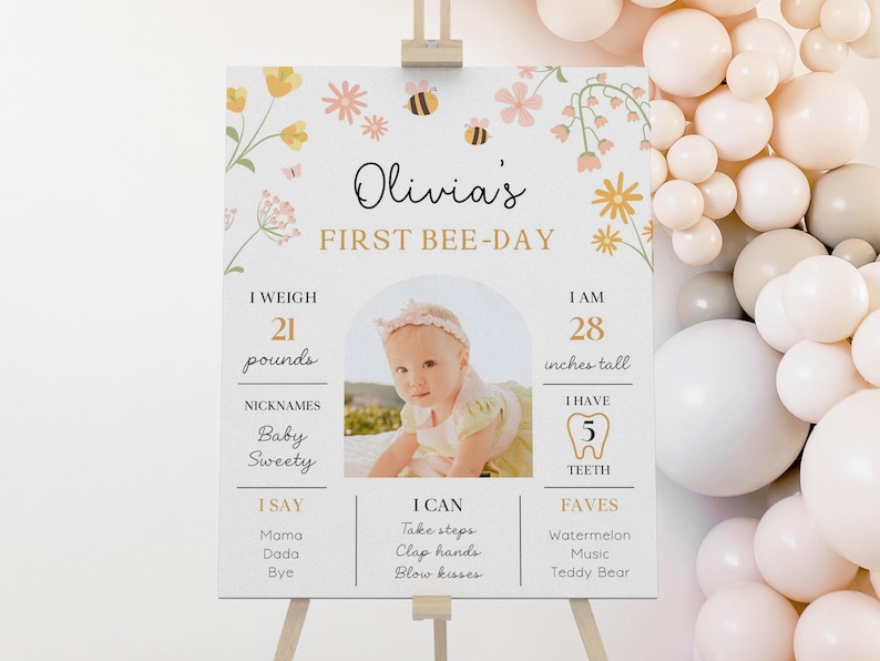 Bee First Birthday Milestone Poster with Photo