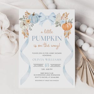 Editable Little Pumpkin Baby Shower Invitation, Blue Floral Fall Baby Shower Invite Boy, Bow Pumpkin Baby Shower Canva Template