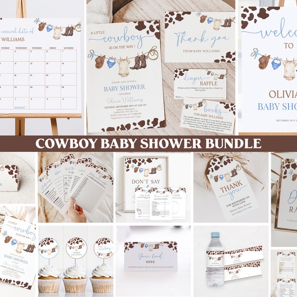 Blue Cowboy Baby Shower Bundle, Editable Boy Western Theme Shower Invitation, Decorations and Games Package
