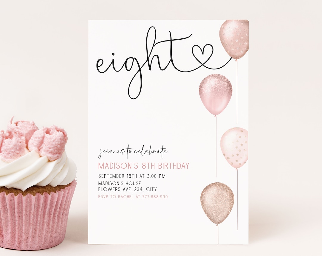 8th Birthday Invitation Girl Editable, Pink 8th Birthday Party Invite ...