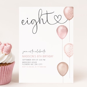 8th Birthday Invitation Girl Editable, Pink 8th Birthday Party Invite, Balloons Invitation Template
