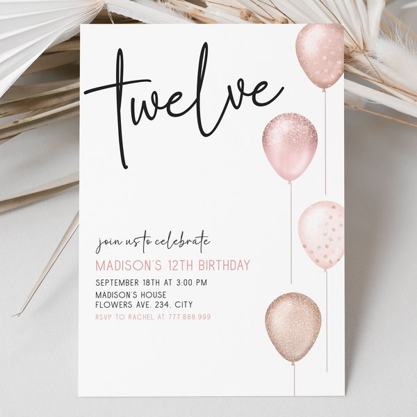 12th Birthday Invitation Editable, Twelve Birthday Invite, Girl Birthday Party Digital Download
