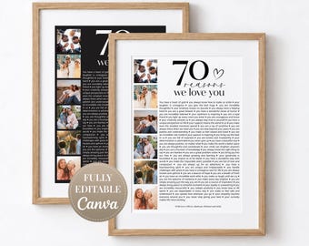 May include: Two framed posters featuring a collage of six photographs on the left and the text 70 reasons we love you on the right. The design includes a heart symbol and a list of reasons, with a circular badge stating Fully Editable Canva.