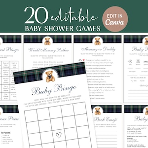 May include: A collection of 20 editable baby shower games, including Bingo, Trivia, and predictions. The designs feature a teddy bear graphic and a green and navy plaid pattern. The text "Edit in Canva" is also present.