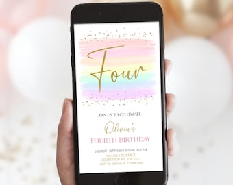 Pastel Rainbow 4th Birthday E Invite, Girl Fourth Birthday Party Evite Template, Digital Text Birthday Invite