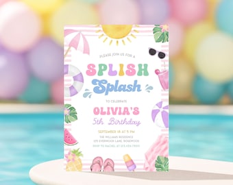 Splish Splash Girl Birthday Invitation, Pool Party Invite, Canva Template