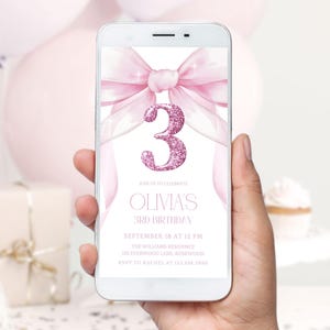 Girl 3rd Birthday Coquette Electronic Invitation, Pink Bow Phone Evite, Elegant Glitter Digital Invite for Girl Birthday Party Canva