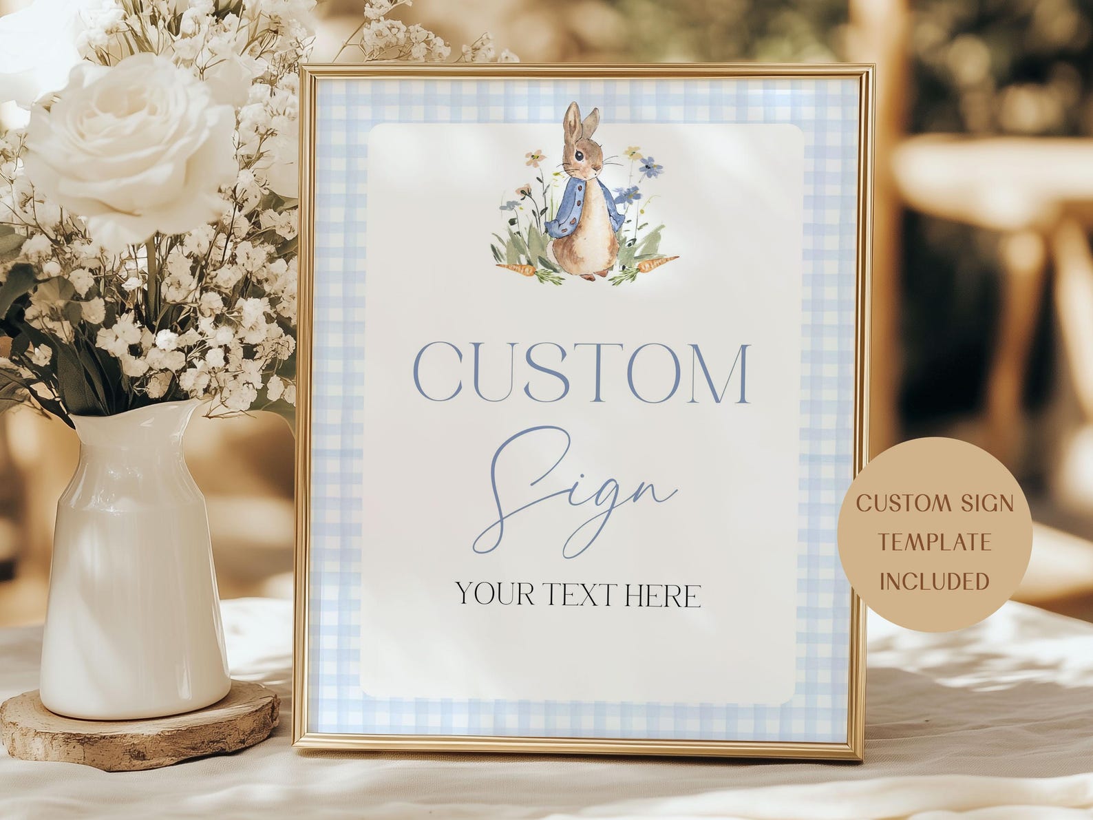 Peter Rabbit Baby Shower Signage, Blue Gingham Table Signs, Canva ...