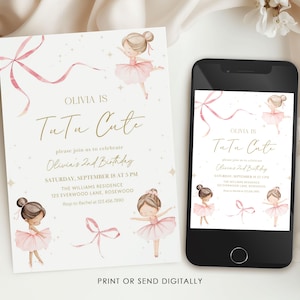 Puede incluir: Una invitaci&oacute;n de cumplea&ntilde;os y un tel&eacute;fono inteligente muestran un dise&ntilde;o con tem&aacute;tica de bailarina. La invitaci&oacute;n dice "Olivia is Tutu Cute" con detalles de la fiesta. El dise&ntilde;o incluye ilustraciones de bailarinas y lazos rosas.