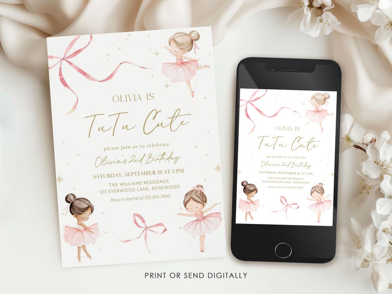 Puede incluir: Una invitaci&oacute;n de cumplea&ntilde;os y un tel&eacute;fono inteligente muestran un dise&ntilde;o con tem&aacute;tica de bailarina. La invitaci&oacute;n dice "Olivia is Tutu Cute" con detalles de la fiesta. El dise&ntilde;o incluye ilustraciones de bailarinas y lazos rosas.