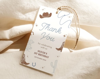 First Rodeo Favor Tags, Cowboy 1st Birthday Thank You Tags (Canva Template)