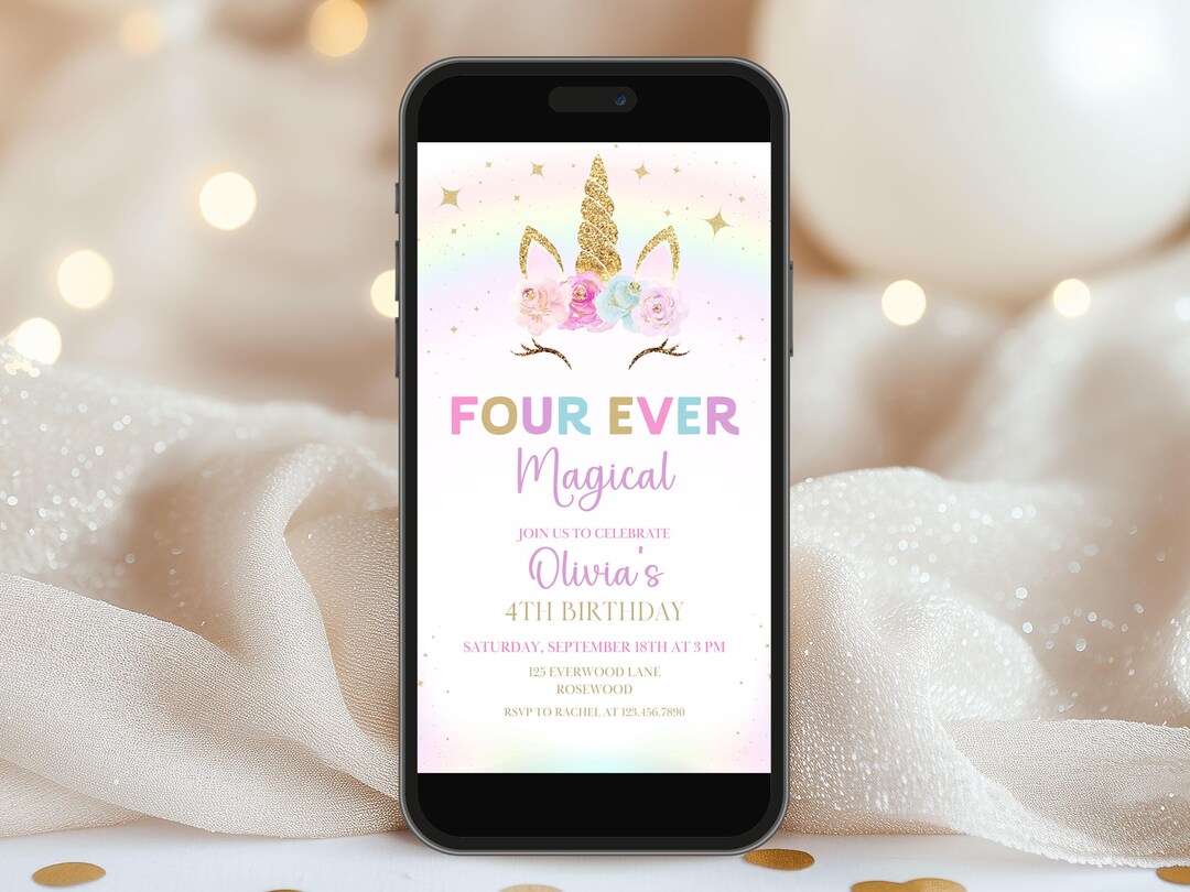 Unicorn 4th Birthday Electronic Invitation Editable, Four Ever Magical ...