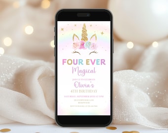 Unicorn 4th Birthday Electronic Invitation Editable, Four Ever Magical Evite, Canva Template