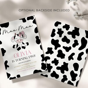 Faire-part 2e anniversaire de vache pour fille, modèle de toile modifiable Moo Moo image 3
