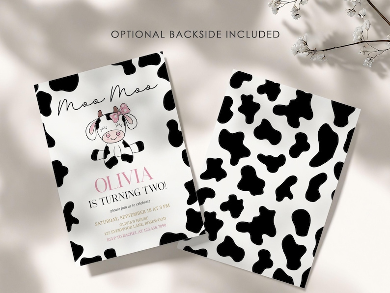Faire-part 2e anniversaire de vache pour fille, modèle de toile modifiable Moo Moo image 3