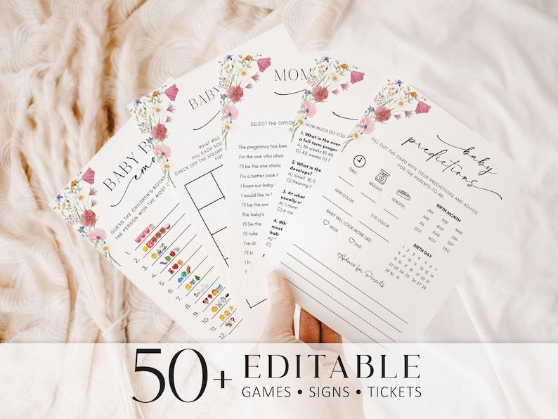 Baby in Bloom Baby Shower Game Bundle, Editable Baby Shower Games and Signs, Pink Floral Baby Printable Pack, Fun Activities for Guests