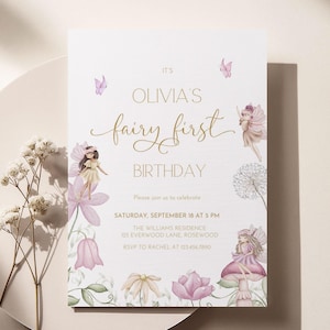 Convite Digital de Primeiro Aniversário de Fada Editável para Meninas, Convite de Jardim de Fadas, Boho, Caprichoso, Modelo Canva