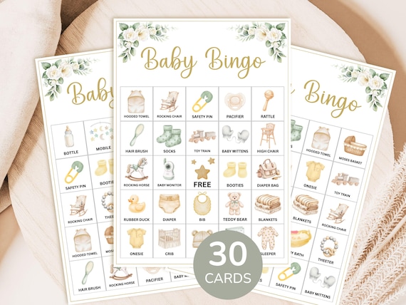 30 Prefilled Baby Shower Bingo Cards with Pictures, Greenery Floral (Digital Download)