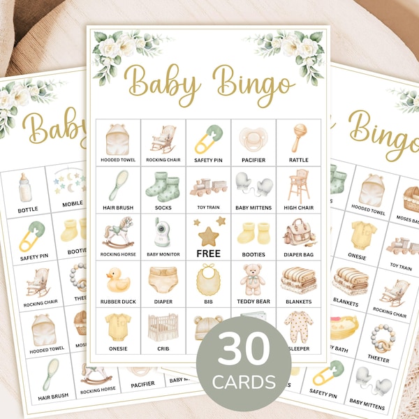 30 Prefilled Baby Shower Bingo Cards with Pictures, Greenery Floral (Digital Download)